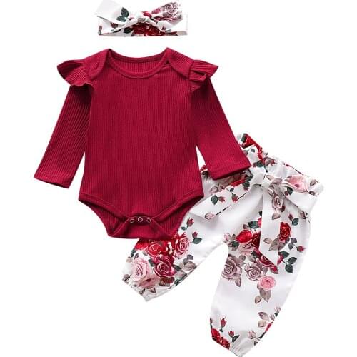 3Pcs Newborn Baby Girls Clothing Long Sleeve Romper Tops Flower Print Long Pants Headband Outfits Clothes