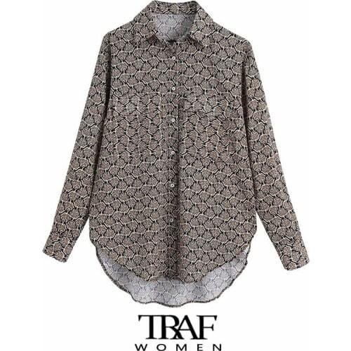 TRAF Za Women Fashion With Pockets Printed Asymmetry Blouses Vintage Long Sleeve Button-up Female Shirts Chic Tops
