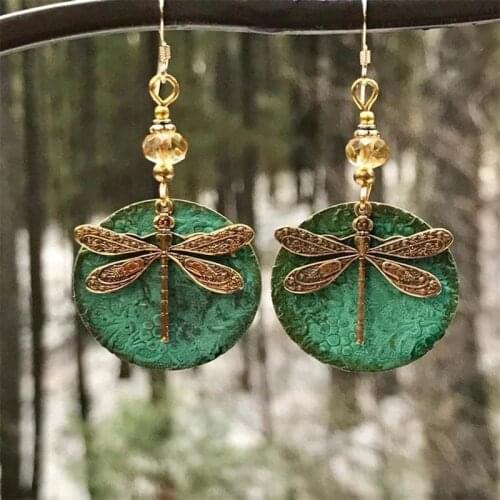 Boho Cute Dragonfly Round Pendant Earrings Women Vintage Jewelry Ancient Metal Dangle Earrings for Women Girl Bijoux Wholesale