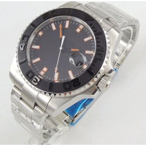 New 43mm Mens Watch Black Dial Luminous Orange Marks Black Ceramic Bezel Miyota 8215 Automatic movement wristwatch