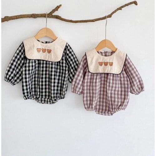 Ins Hot Sale Baby Girls Plaid Long Sleeve Romper