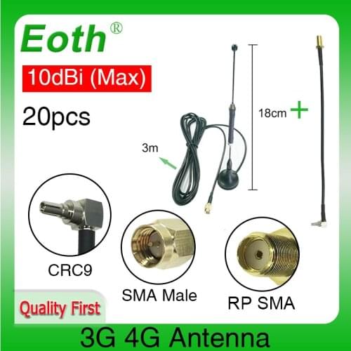 20pcs 4G LTE Antenna 10dbi SMA Male Connector 698-960/1700-2700Mhz magnetic base 3M Cable + 20cm SMA Female to CRC9 Male Cable