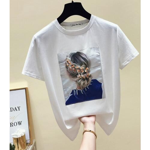 Korean Style Fashion T-shirt Women Tops Cotton Short Sleeve Appliques White Tshirts Woman Summer Top Black Tee Shirt Female 2021