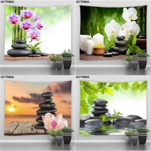 Landscape Tapestry Green Bamboo Flower Spa Zen Stone Living Room Bedroom Hippie Wall Hanging Tapestries Background Decor Blanket