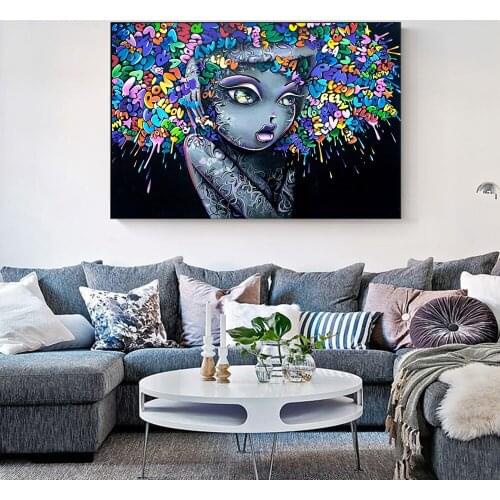 Graffiti Explosion Head Black Skin Blue Girl Street Art Canvas Print Painting Wall Picture Living Room Home Decoration Poster
