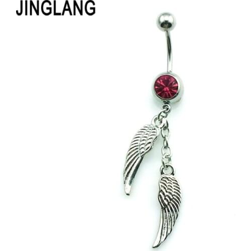 JINGLANG Fashion Hypoallergenic Navel Rings Surgical Steel Barbell Dangle Double Feather Belly Rings Piercing Jewelry