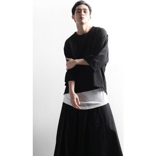 Mens T-shirt high street style handsome round neck casual loose asymmetric bat sleeve nine point sleeve T-shirt big top