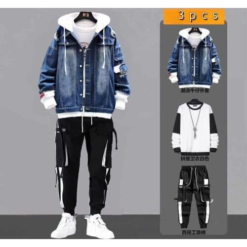 Men Winter Fall Cargo Pants Set Two Pieces Outfits Tracksuit Denim Jacket Coat Male Set Streetwear Man Clothes 2021 Men Sets 4XL