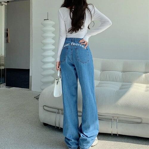 Chinese new womens trousers personality fashion letter printing loose high waist drag floor jeans harun pants in stock