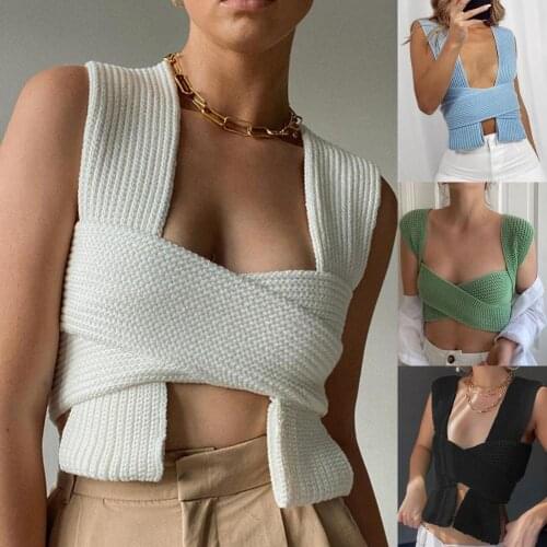 Fall Winter Knitted Crop Tops Sweaters Sleeveless Pullover Female Bandage Sweater Solid Chic Fashion Top Women