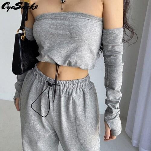 Oyasnake 2021 New Sports Womens Sets Strapless Tube Tops+Loose Drawstring Elastic Harem Sweatpants Casual Solid 2-Piece Suits