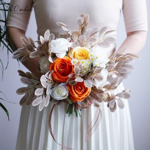 PEORCHID Vinatge Orange&Yellow Wedding Bouquet Rose fleurs Artificielles Bouquet Bridal Flowers For Bridesmaid