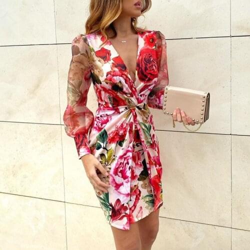 Mesh Floral Print Twisted Waist Midi Dress Elegant Night Out Bodycon Party Dress