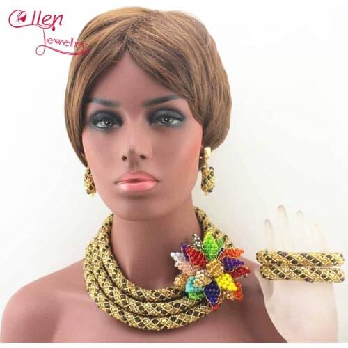 Stylish Luxury African beads jewelry sets india nigerian flower beads beaded wedding bridal necklace dubai jewelry sets N0023