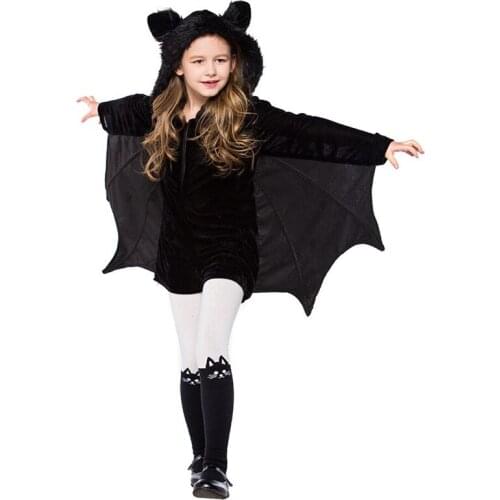 XS-3XL Black Jumpsuits Girls Bat Animal Costumes Kids Children Vampire Cosplay Carnival Purim Parade Stage Role Play Party Dress
