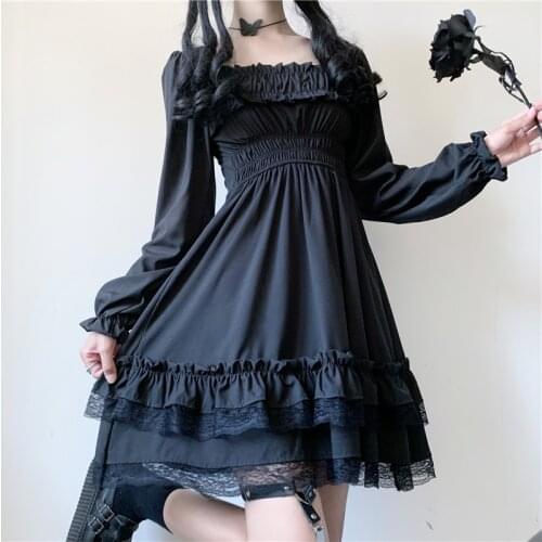 Women Vintage Dress Sweet Plus Size Lolita Clothes Harajuku Goth Aesthetic Lace Patchwork Black Square Collar Dress Elegant Club