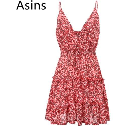 Asins dress women 2019 summer new hot casual fashion v neck high waist printing patchwork drawstring wild slim sexy sling dress