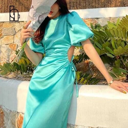 Fashion Casual Round Neck High Waist Midi Dress Robe Open Waist Sexy Zipper Puff Sleeve Beach Dress Women Summer 2021