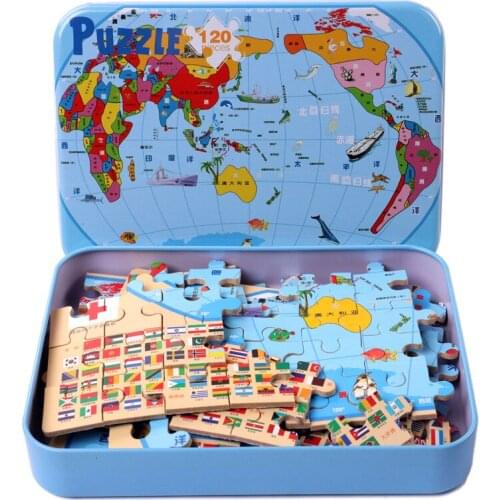 120pcs Wooden Puzzle Cartoon Toy 3D Educational Developmental Baby Kids Training toy for children Jigsaw puzzles With Iron Box