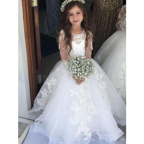 White Flower Girls Dress for Wedding Party High Neck Baptism Gowns Tulle Full Sleeve Appliques Kid Holy Communion Gown