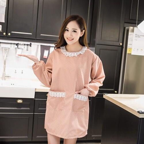 Kitchen work with sleeve apron long-sleeved cotton Korean version of cotton adult smock cute reverse dress with sleeve smock