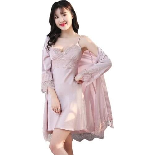 Women Underwear Robe Sets Ladies Kimono Bathrobe Gown Sexy Lace 2pcs Silk Nightgown Autumn Nighte Dress Sleepwear Set