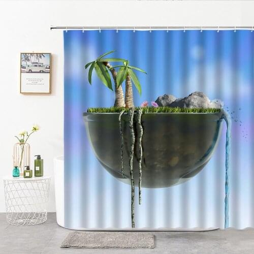 Creativity Shower Curtain Fabric Landscape In A Bowl Palm Tree Stone Flowers And Plant Running Water Decor Curtains For Bathroom