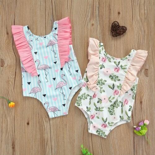 Summer Girls Swimwear Kids Girls Flamingo/ Flower Print O-Neck Sleeveless Swimwear Swimsuits for Summer 6 Months-4Years
