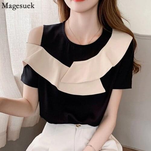 Summer Elegant Ruffle Blouse Women Sexy Off Shoulder 2021 Short Sleeve Chiffon Shirt Loose Sweet Tops Blusas Mujer De Moda 15221