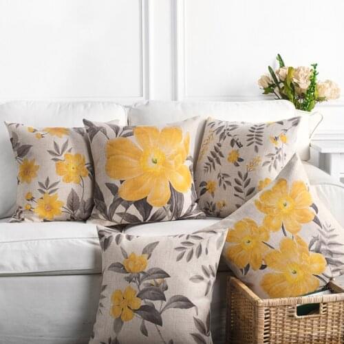 Linen Pillow Cover Cushion Cover Vintage Country Vintage Yellow Floral Home Decorative Pillow Case 45x45cm Pillow Cases