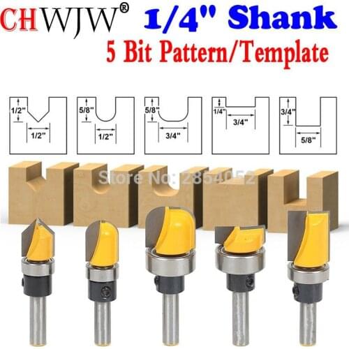 Trim Router Bit Set - 1/4" Shank - 5 Bit Pattern/Template Woodworking cutter Tenon Cutter for Woodworking Tools