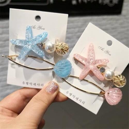 2Pcs New Fashion Imitation Pearl Barrettes Starfish Hair Grip Shell Hairpin Hair Clip Summer Hair Accessories for Women Girls