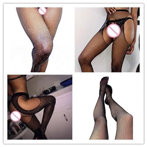 Women Diamond Mesh Stockings Sexy Open Crotch Fishnet Tights Lingerie Delight Lady Shiny Rhinestone Nylons Pantyhose Fashion