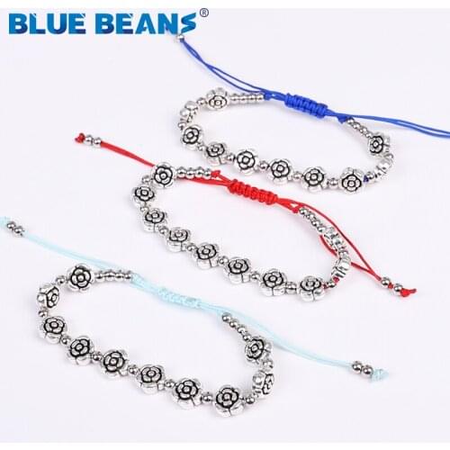 Bohemia Rose flower Bracelet Women Silver With Braided Charm Bracelet Red Rope Bracelet Beaded Lucky Palm Fashion Bracelets 2020