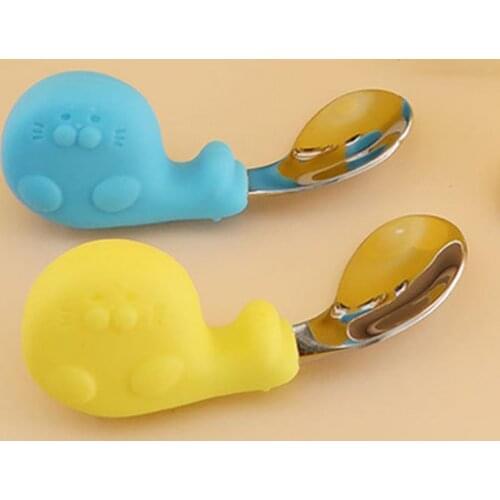 2Pcs/Set BOOKY Baby Dinnerware Cartoon Handle Anti-scald Stainless Steel Infant Food Feeding Spoon Fork Home Use