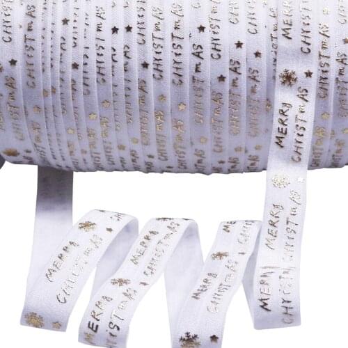 5/8" gold foil Merry Christmas text snowflake fold over elastic foe elastic for headband ties welcome custom printed