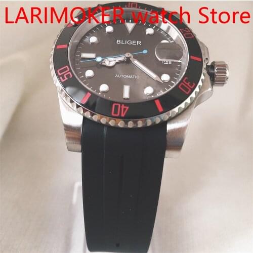 Automatic mens watch NH35/MIYOTA 8215 movement sapphire glass date black rubber strap aluminum plum pink bezel