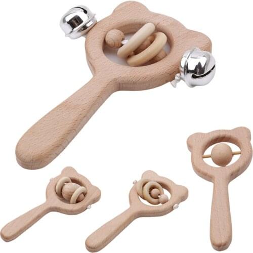 Wooden Baby Toys Beech Wood Bear Hand Teething Wooden Ring Can Chew Beads Baby Rattles Play Gym Montessori Stroller Toys