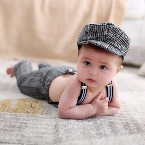 Baby Photography Clothes Studio Infant Photo Props Accessories Baby Boys Hat+Overalls 2Pcs/set Little Gentleman Plaid Costume
