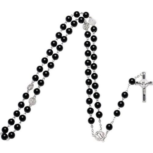 Fashion 8mm pearl bead catholic rosary necklace, St Benedict connectors, center piece, and crucifix cross pendant necklace men
