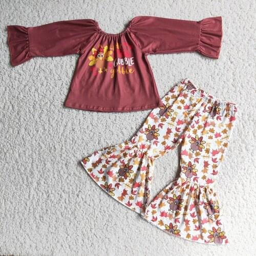 Ready To Ship Kids Spring Autumn Long Sleeve Top And Cartoon Flare Pants Suit Fashion Girl Heart Print Outfit