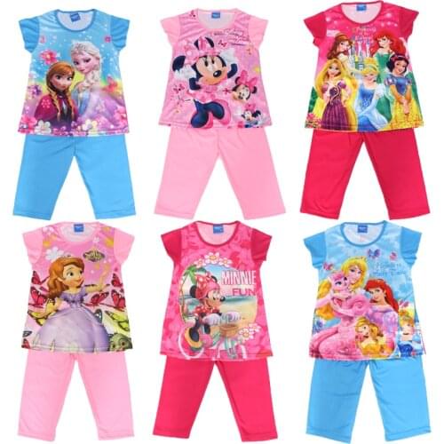 Disney Girl Sets Short Sleeve Summer Frozen Elsa Anna Kids Outfits Childrens Clothing Pajamas Suit Minnie Mouse Sofia Rapunzel
