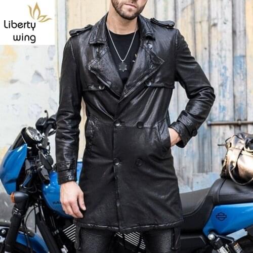 Luxury Motorcycle Sheepskin Jacket Men 100% Real Leather Long Windbreaker Streetwear Autumn Double Breasted Biker Coat Outerwear