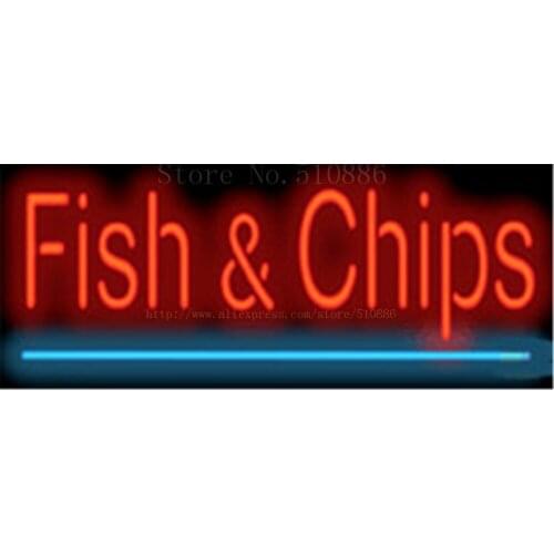 Fish & Chips NEON SIGN Real GLASS Tube Beer PUB Restaurant Signboard display Decorate Shop food dinner BBQ Light Signs 17*14"