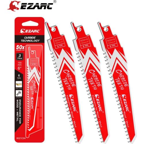 EZARC 3Pcs Carbide Reciprocating Saw Blade R656HM Endurance for Hard Wood and Metal Demolition 6-Inch 6TPI, 9-Inch 6TPI