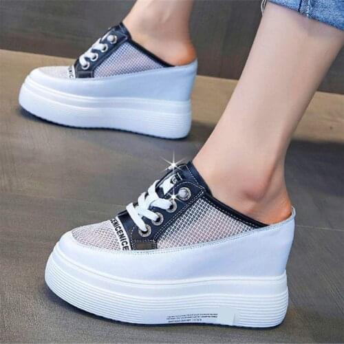 Slipper Sandals Womens Cow Leather Platform Wedge High Heel Fashion Sneakers Summer Mules Oxfords Casual Lace Up SHoes