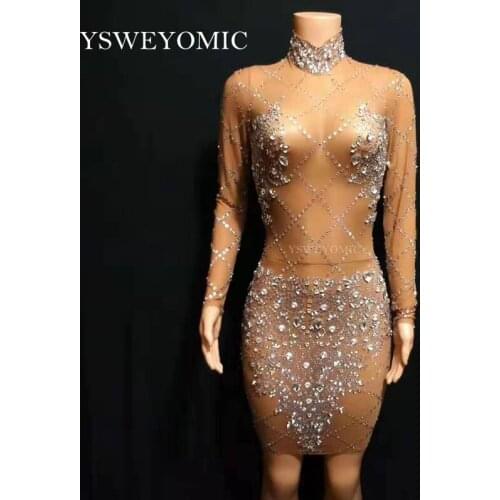 2019 Sparkly Crystals Mesh Perspective Dress Evening Party Dresses Birthday Celebrate Costume Singer Performance Dance Dress