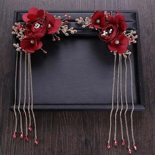 Bride Wedding Red Rose Flower Hair Ornaments Ladies Exquisite Chinese Style Headpieces Women Temperamental Beauty Hair Clips