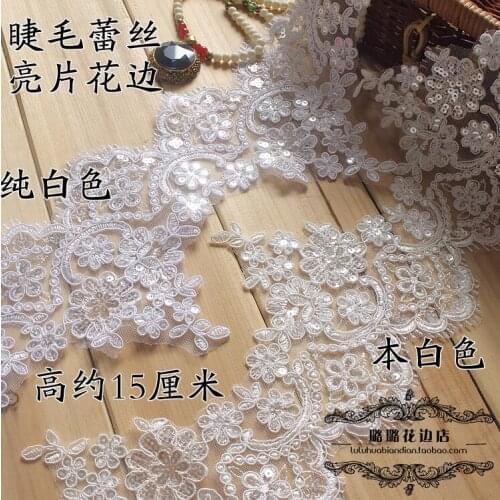 1 Yard Delicate White Ivory Cording Fabric Sequin Flower Venise Venice Mesh Lace Trim Applique Sewing Craft for Wedding Dec 15cm