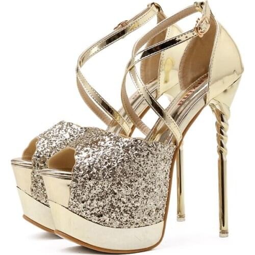 Women Shoes High Heel 2021Gold Platform Shoes 16cm Stiletto Heels Fashion Sequins Retro Pumps Ladies Stripper Shoes Black Heels